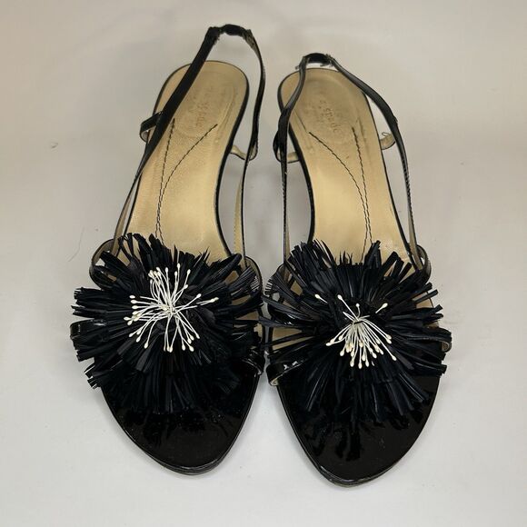 Kate Spade Kitten Heel Slingback Sandals Black Patent Flower Burst Womens Sz 10 - Picture 1 of 11
